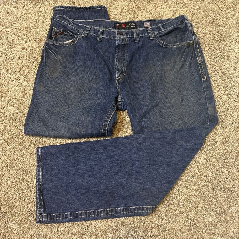 Ariat Fr M4 Jeans Mens 46x32 Relaxed Boot Cut Blue Denim Distressed (fits 44x31)
